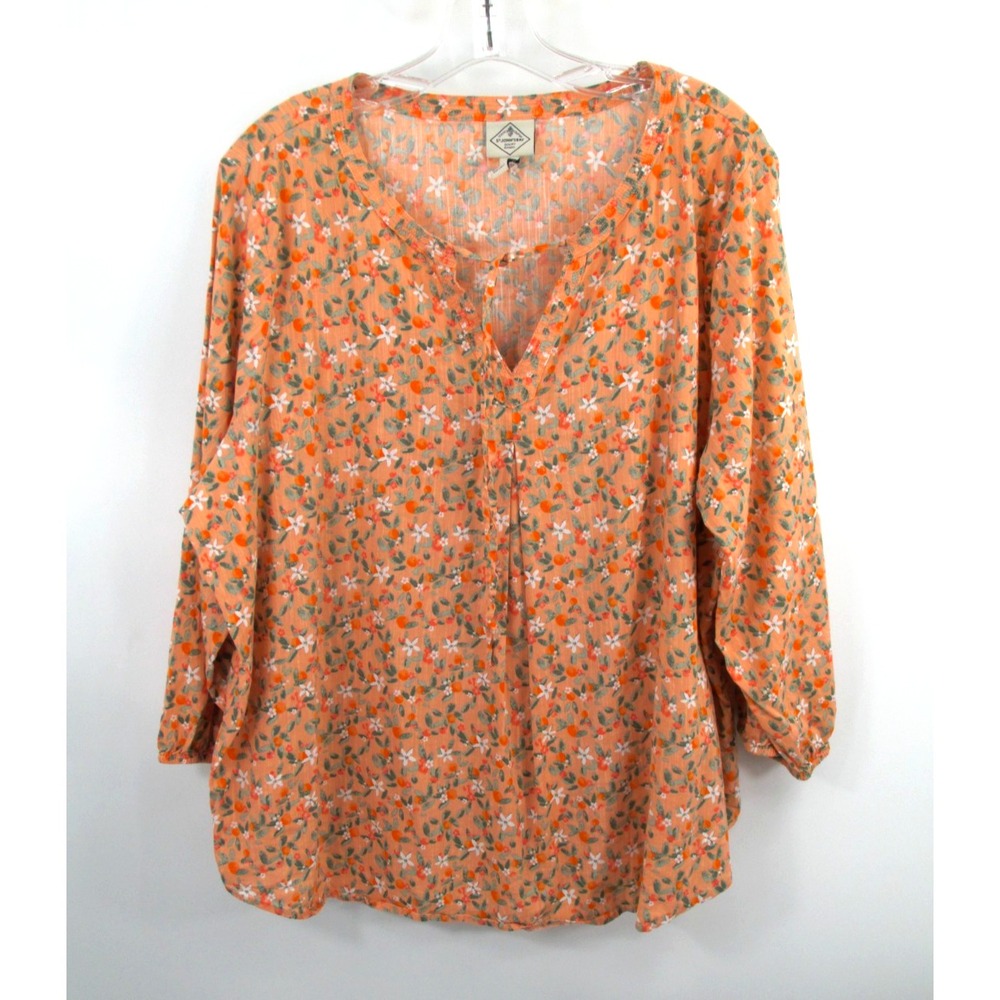 St Johns Bay Womens XL Orange Floral Tunic Peasant Blouse Long Puff Sleeve VNeck